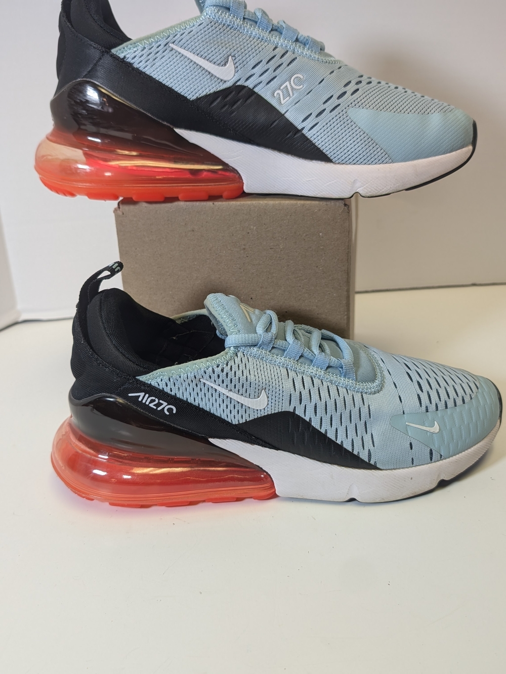 Nike Air Max 270 Athletic Shoes in Light Blue, Black & Orange